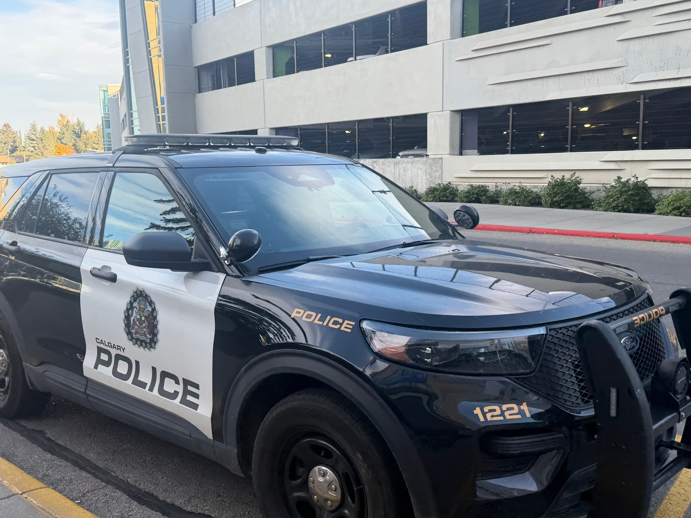 A marked police vehicle parked beside a curb.